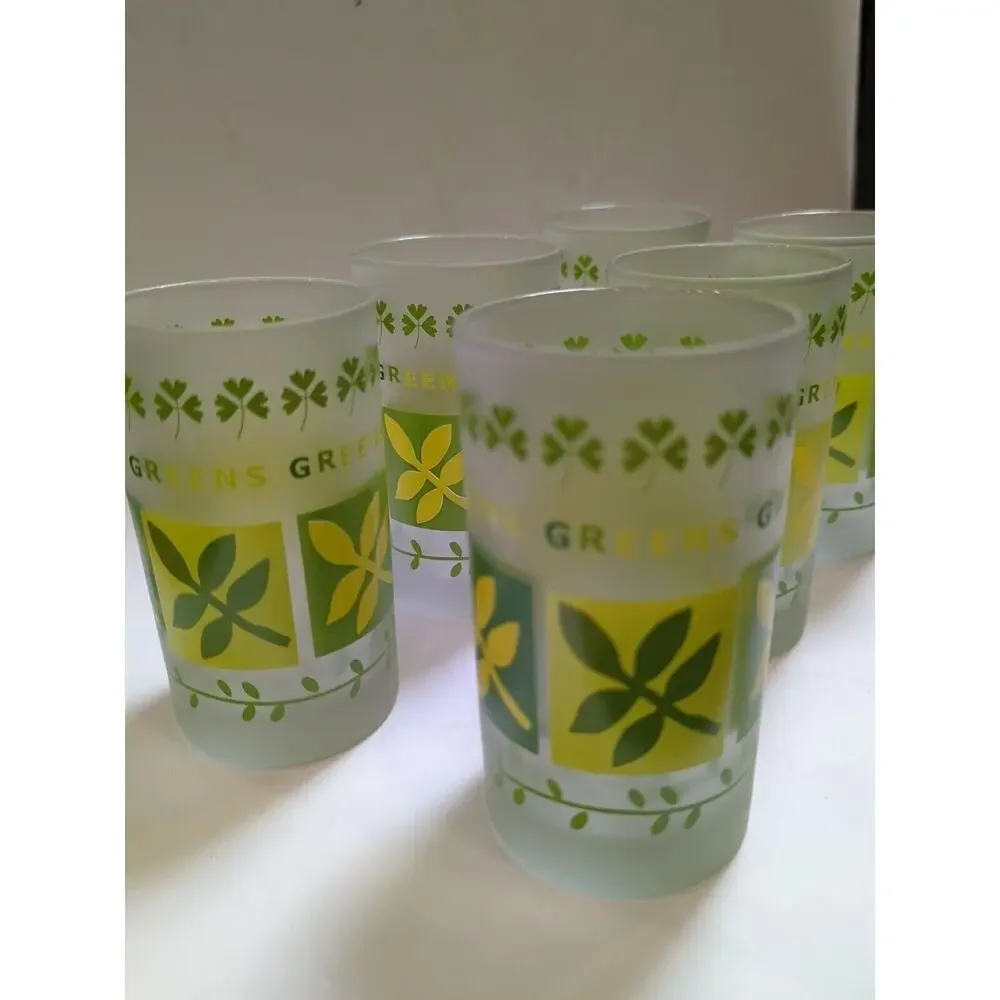 VTG Set Of‎ 6 ST.PATRICKS Barware Frosted Glass Green Clover Ocean, Thailand.
